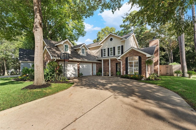 view of property featuring a garage and a front lawn