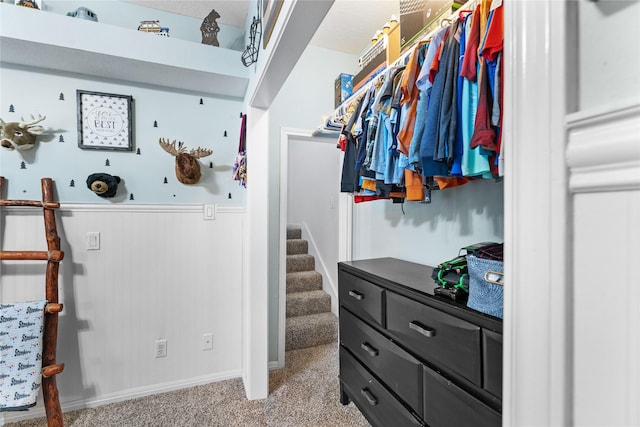 walk in closet featuring light carpet