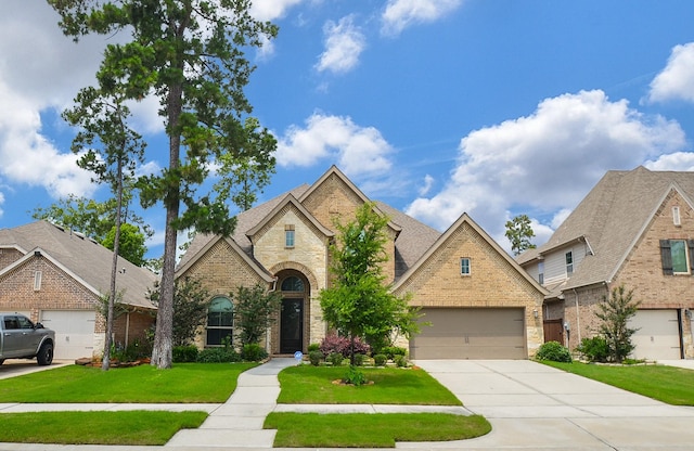 view of front of property featuring a garage and a front lawn