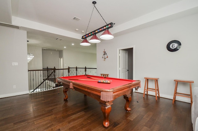 game room with pool table and dark hardwood / wood-style floors