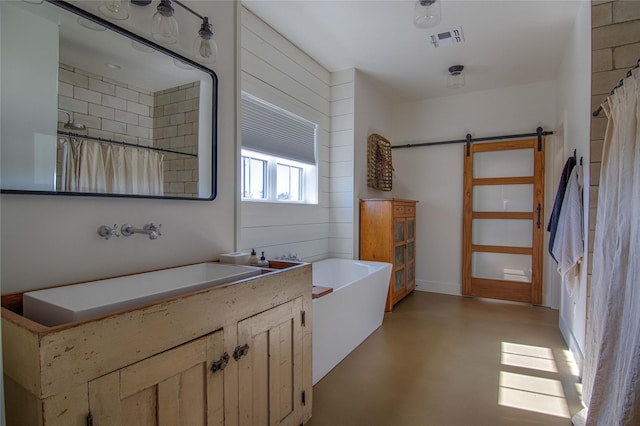 bathroom with a tub to relax in, finished concrete floors, vanity, visible vents, and a shower with shower curtain
