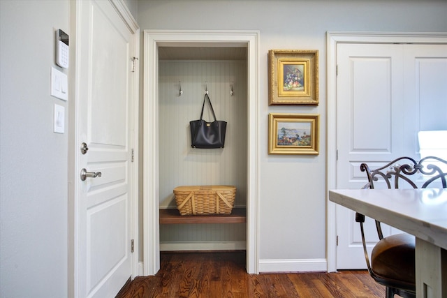 mudroom with dark wood-type flooring