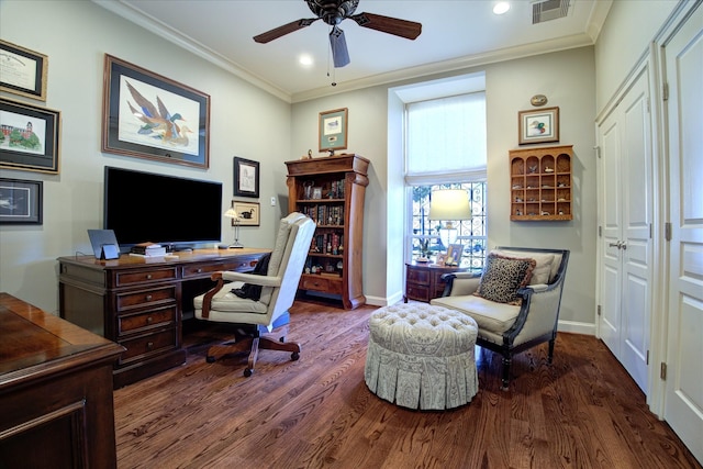 home office with crown molding, dark hardwood / wood-style floors, and ceiling fan