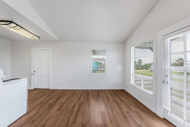 spare room featuring a wealth of natural light, vaulted ceiling, and wood-type flooring