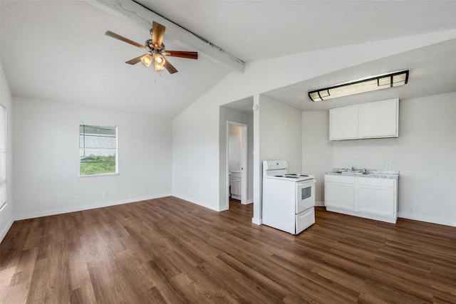 interior space with white cabinetry, vaulted ceiling with beams, white electric range oven, ceiling fan, and dark wood-type flooring