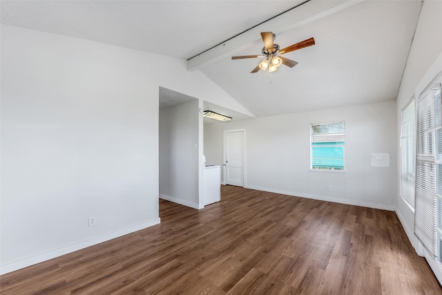 unfurnished room featuring vaulted ceiling with beams, dark wood-type flooring, and ceiling fan