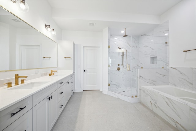 bathroom with vanity and plus walk in shower