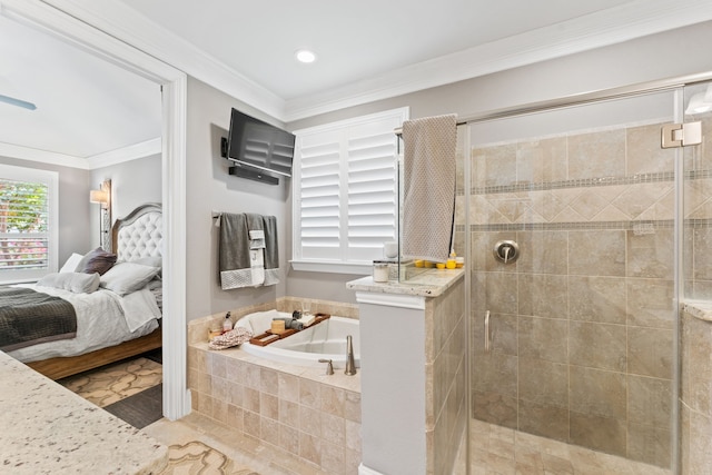 bathroom featuring independent shower and bath and ornamental molding