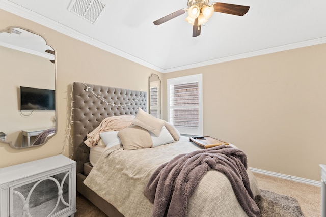 bedroom featuring visible vents, baseboards, a ceiling fan, ornamental molding, and carpet