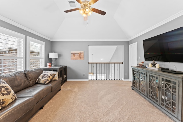 living room featuring ornamental molding, carpet, lofted ceiling, and ceiling fan