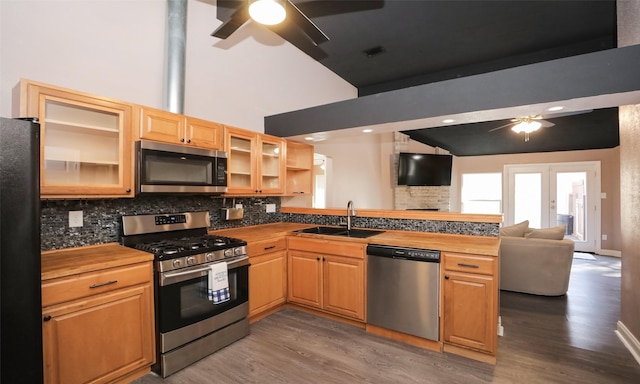 kitchen featuring appliances with stainless steel finishes, butcher block counters, sink, backsplash, and ceiling fan