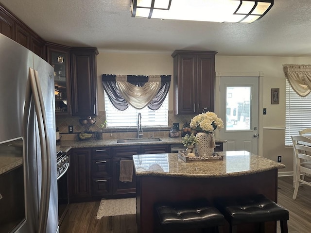 kitchen with dark hardwood / wood-style flooring, appliances with stainless steel finishes, sink, and dark brown cabinets