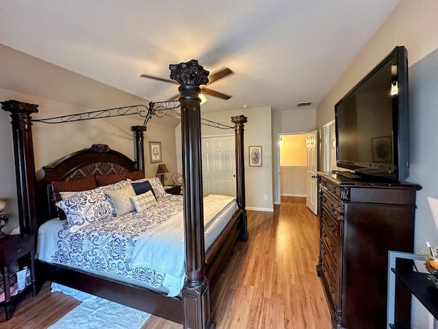 bedroom featuring ceiling fan and light wood-type flooring