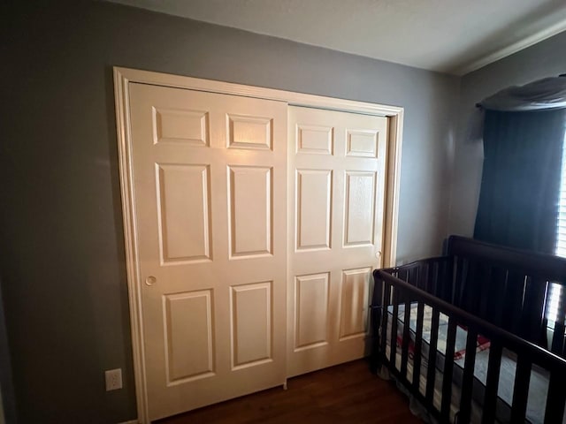 bedroom featuring dark wood-type flooring and a closet