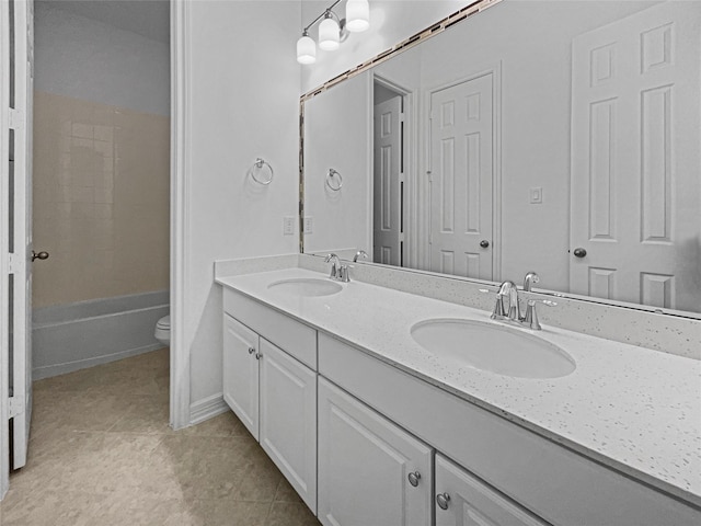 full bathroom with shower / tub combination, vanity, toilet, and tile patterned flooring