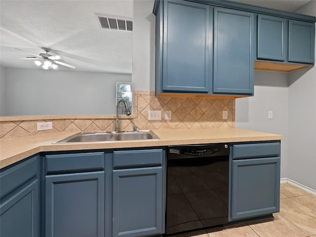 kitchen featuring dishwasher, sink, decorative backsplash, ceiling fan, and blue cabinetry