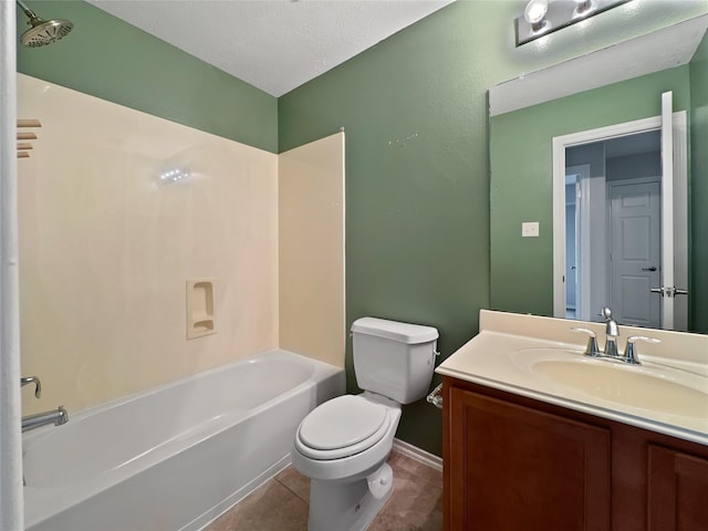 full bathroom featuring shower / bathtub combination, tile patterned flooring, vanity, toilet, and a textured ceiling