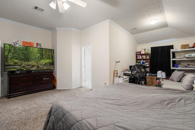 carpeted bedroom featuring ornamental molding and ceiling fan