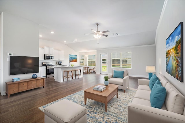 living room featuring recessed lighting, visible vents, a ceiling fan, vaulted ceiling, and wood finished floors