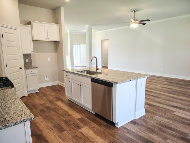 kitchen featuring white cabinets, light stone countertops, dishwasher, and a center island with sink