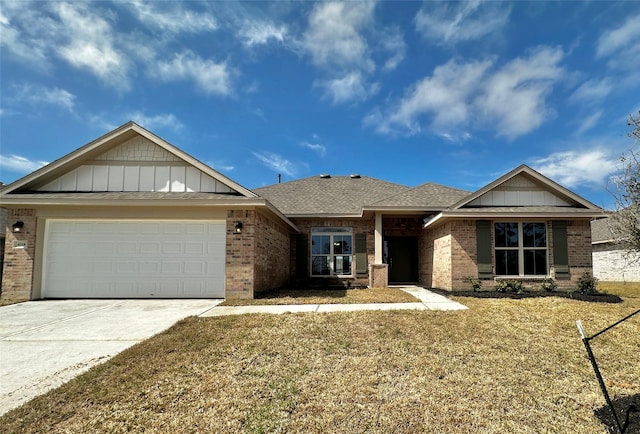 craftsman inspired home with board and batten siding, concrete driveway, brick siding, and a garage