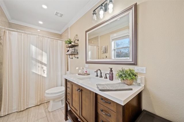 bathroom with crown molding, vanity, toilet, and a shower with shower curtain