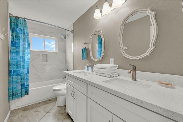 full bathroom featuring double vanity, toilet, a sink, and shower / tub combo with curtain