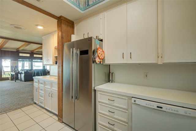 kitchen featuring high quality fridge, light carpet, light countertops, dishwasher, and open floor plan