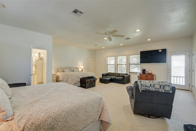 bedroom featuring carpet floors, access to outside, visible vents, and recessed lighting