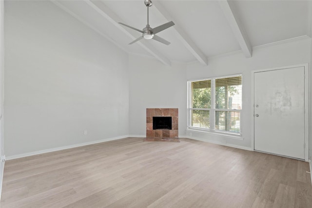 unfurnished living room featuring a fireplace, light hardwood / wood-style floors, lofted ceiling with beams, and ceiling fan