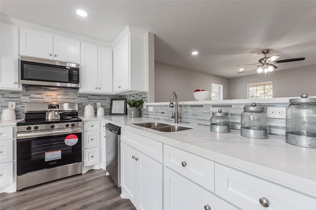 kitchen featuring sink, appliances with stainless steel finishes, dark hardwood / wood-style floors, white cabinets, and backsplash