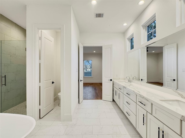 full bathroom with vanity, toilet, and separate shower and tub