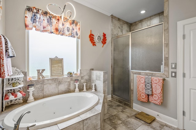 bathroom with independent shower and bath and crown molding