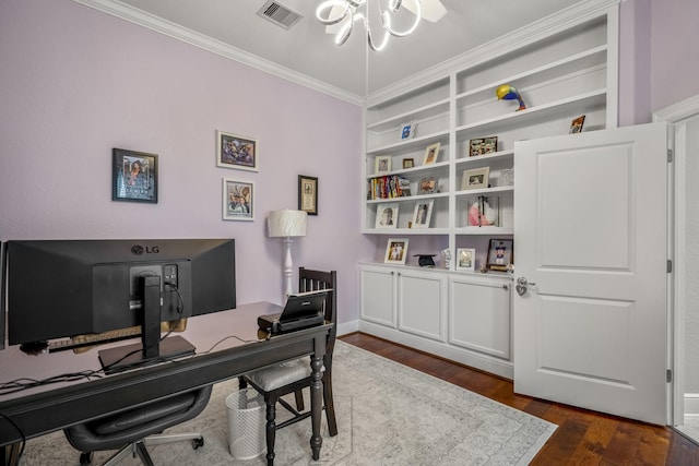 office space featuring crown molding, a notable chandelier, and dark hardwood / wood-style flooring