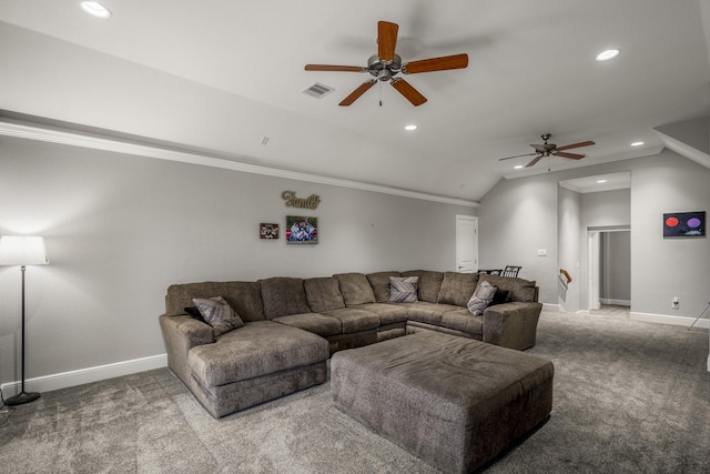 carpeted living room featuring lofted ceiling, crown molding, and ceiling fan