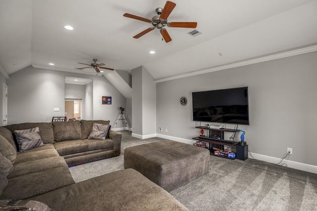 living room with lofted ceiling, crown molding, ceiling fan, and carpet