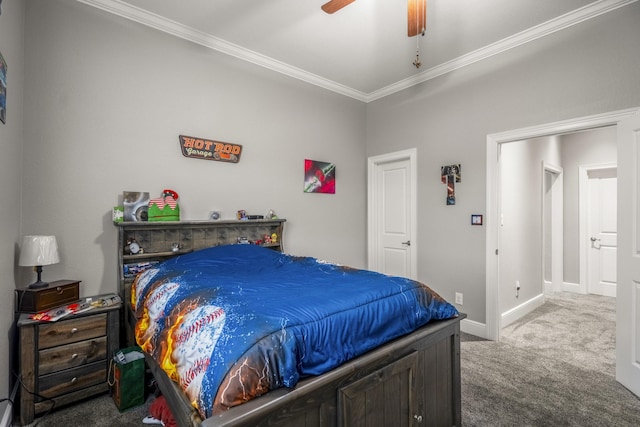 bedroom featuring ornamental molding, ceiling fan, and carpet