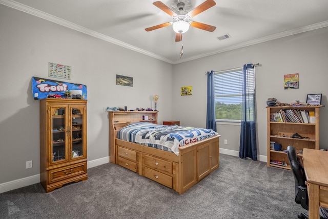 carpeted bedroom with crown molding and ceiling fan