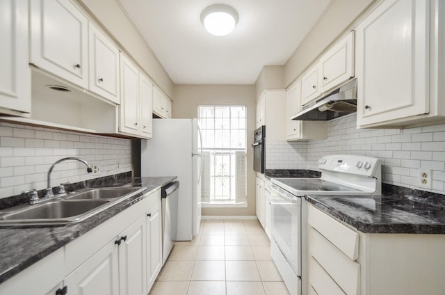 kitchen featuring white cabinetry, sink, dishwasher, and white range with electric stovetop