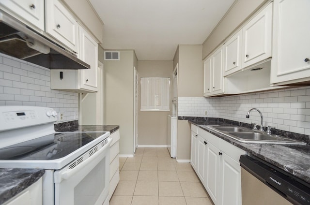 kitchen featuring sink, white cabinetry, light tile patterned floors, dishwasher, and white range with electric cooktop