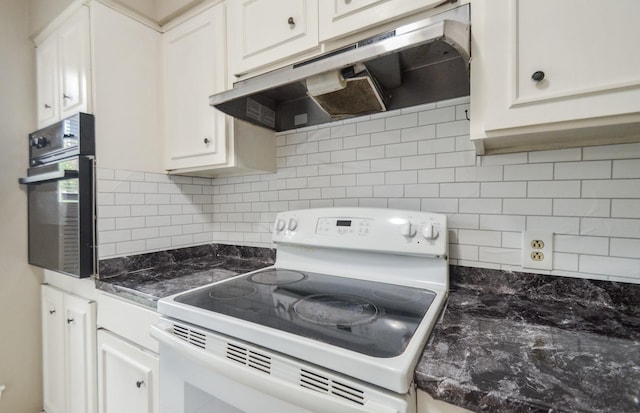 kitchen featuring white cabinetry, backsplash, electric range, and black oven