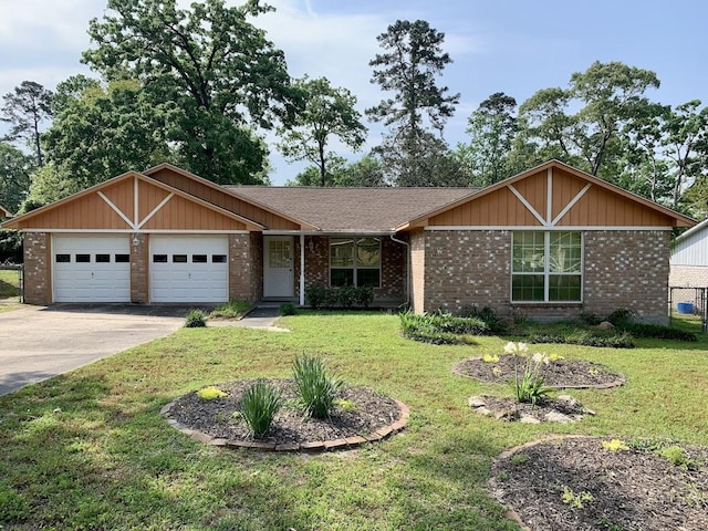 ranch-style house featuring a garage, brick siding, a front lawn, and driveway