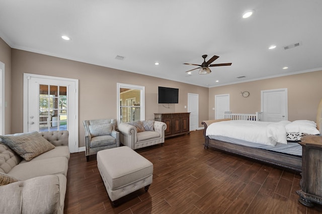 bedroom with dark wood-type flooring, ceiling fan, ornamental molding, and access to outside