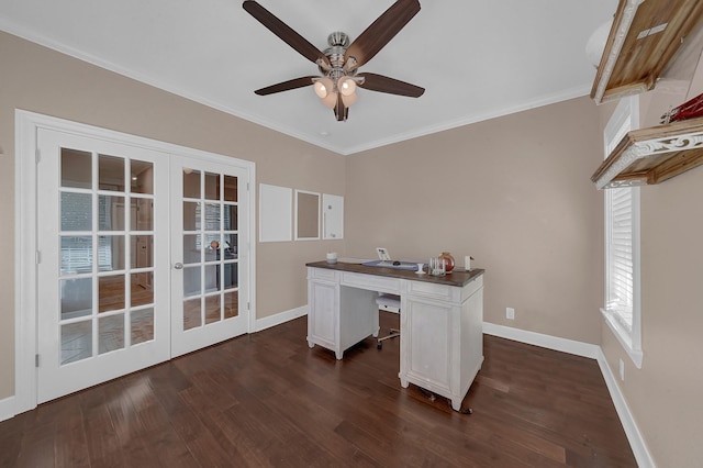 office featuring french doors, ceiling fan, dark hardwood / wood-style floors, and crown molding