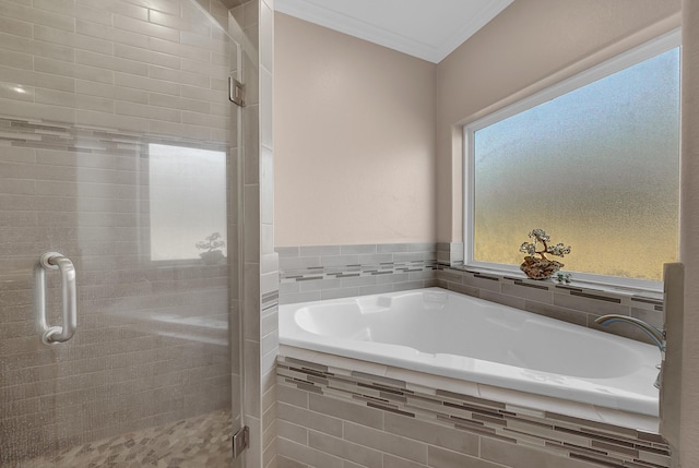 bathroom with crown molding and independent shower and bath