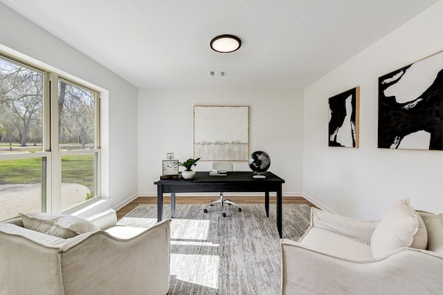 home office with hardwood / wood-style floors and a wealth of natural light