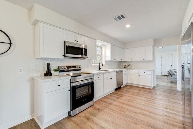 kitchen featuring white cabinetry, sink, backsplash, stainless steel appliances, and light hardwood / wood-style flooring