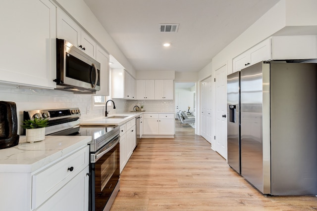 kitchen with sink, light hardwood / wood-style flooring, appliances with stainless steel finishes, tasteful backsplash, and white cabinets