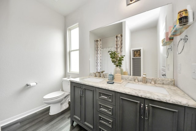 bathroom with a shower with curtain, vanity, wood-type flooring, and toilet