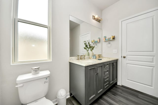 bathroom with vanity, hardwood / wood-style floors, and toilet